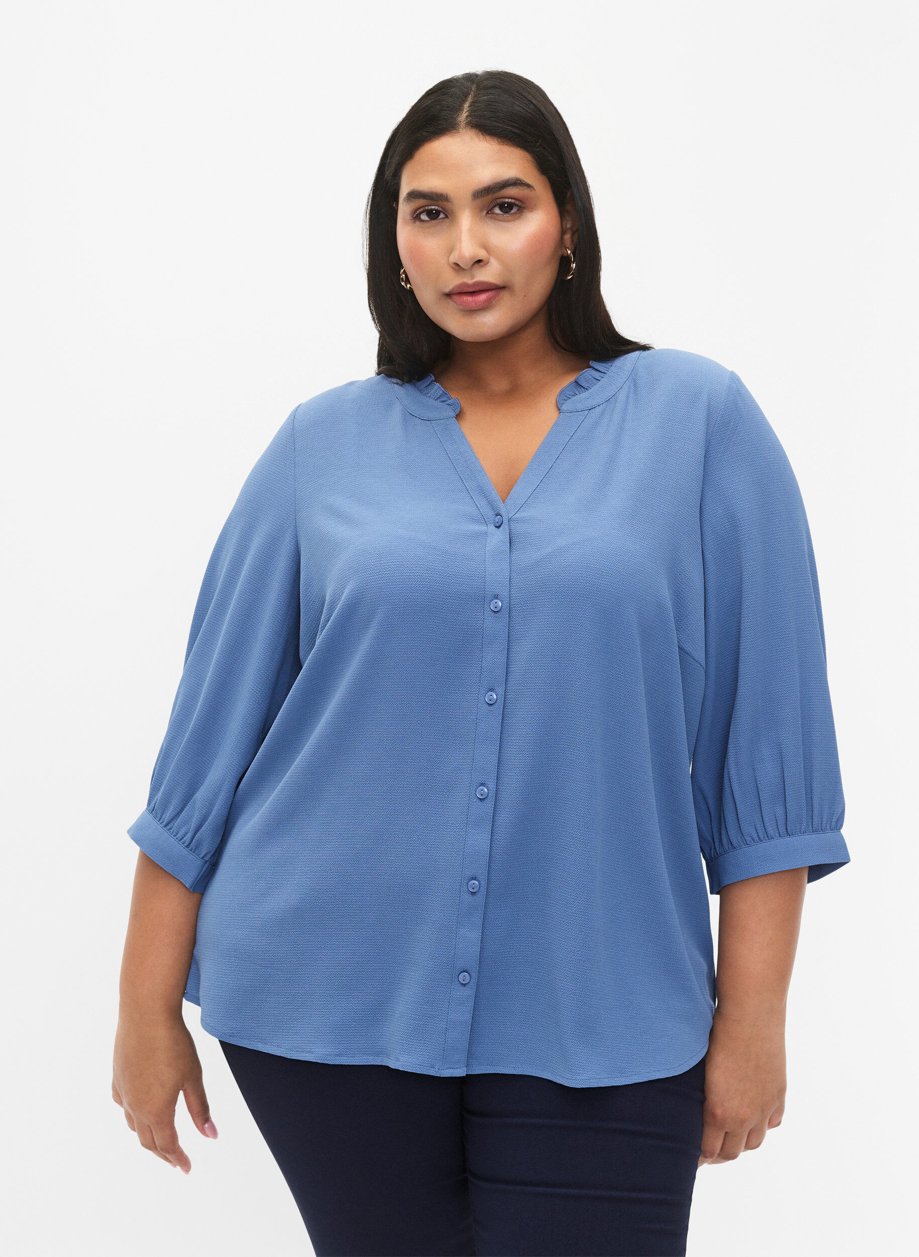 Zizzifashion Shirt blouse with 3/4 sleeves and ruffle collar, Moonlight Blue, Model image number 0