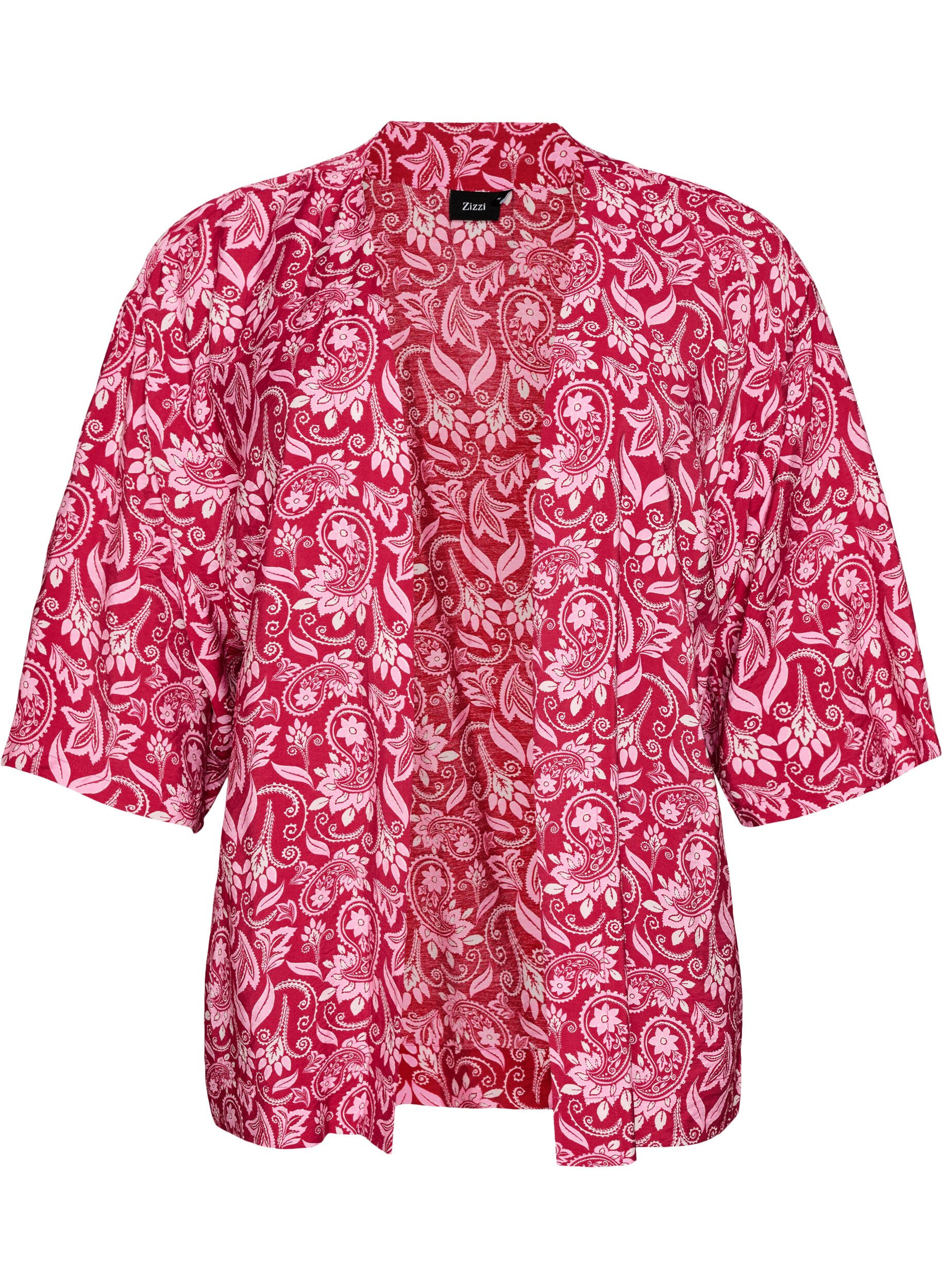 Zizzifashion Short viscose kimono with 3/4 sleeves, Pink, Packshot image number 0
