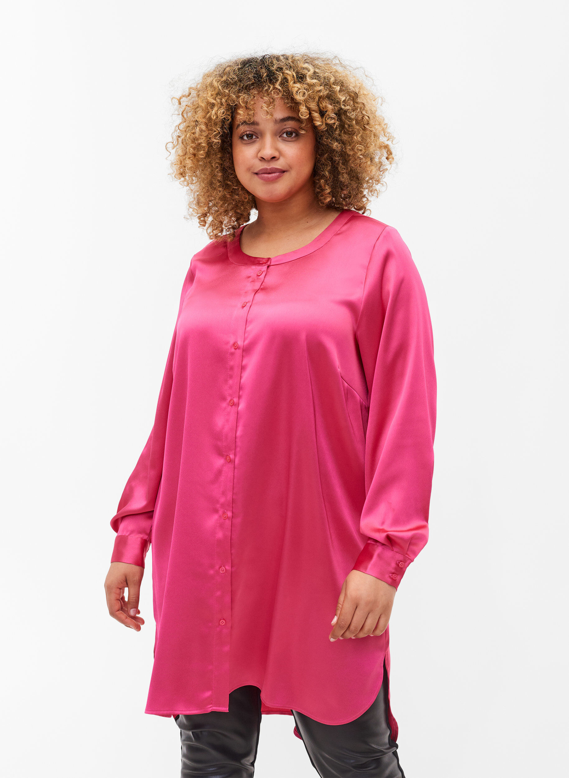 Zizzifashion Long shiny shirt with slit, Pink Flamb&eacute;, Model image number 0