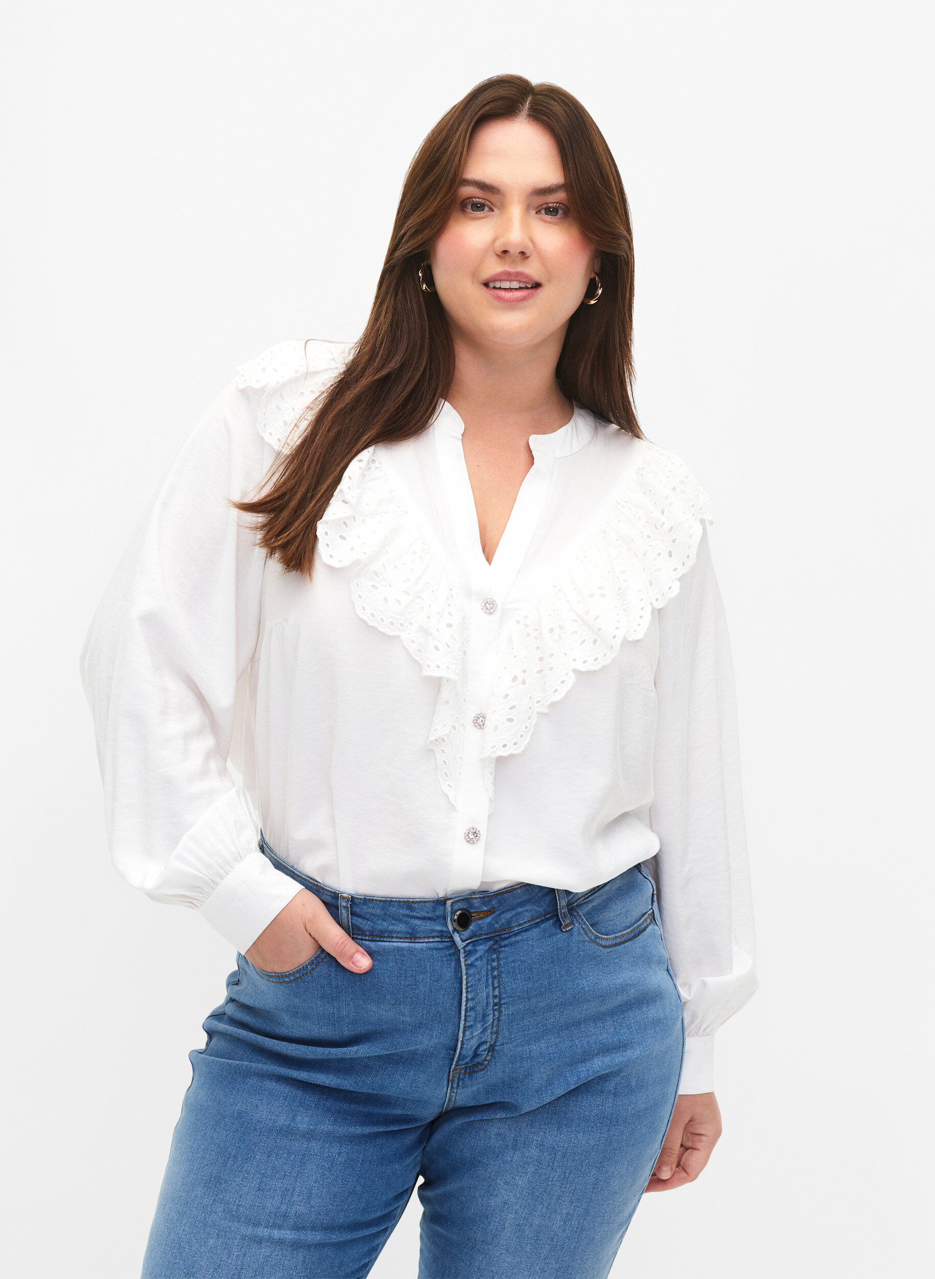 Zizzifashion Viscose shirt blouse with ruffles, Bright White, Model image number 0