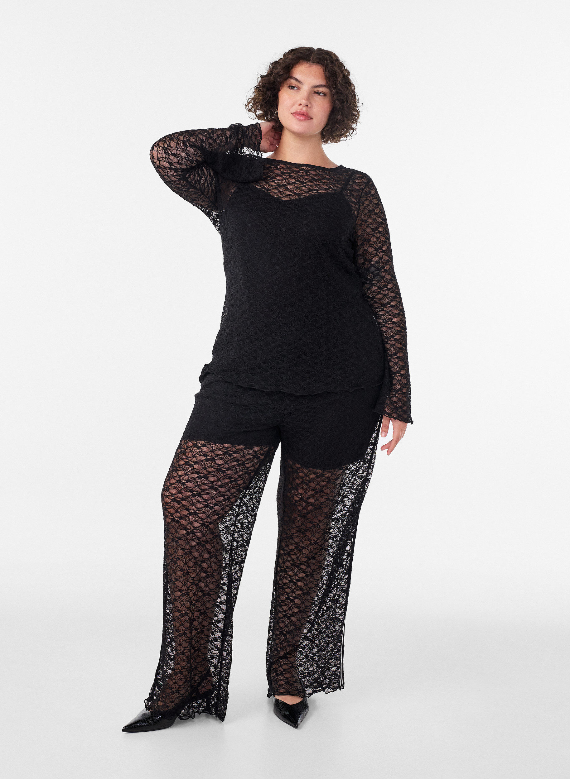ZizzifashionSheer wide-leg lace trousers, Black, Model image number 0