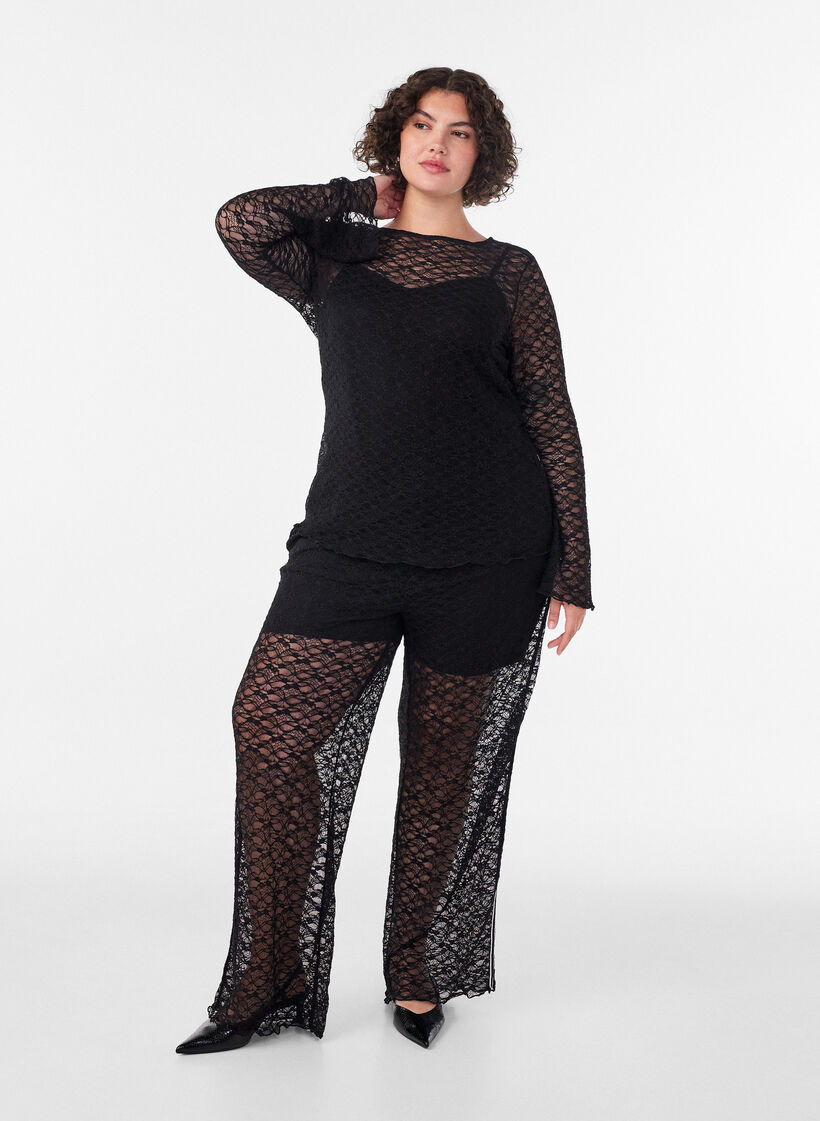 Sheer wide-leg lace trousers, Black, Model image number 0