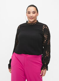 Viscose blouse with crochet sleeves, Black, Model