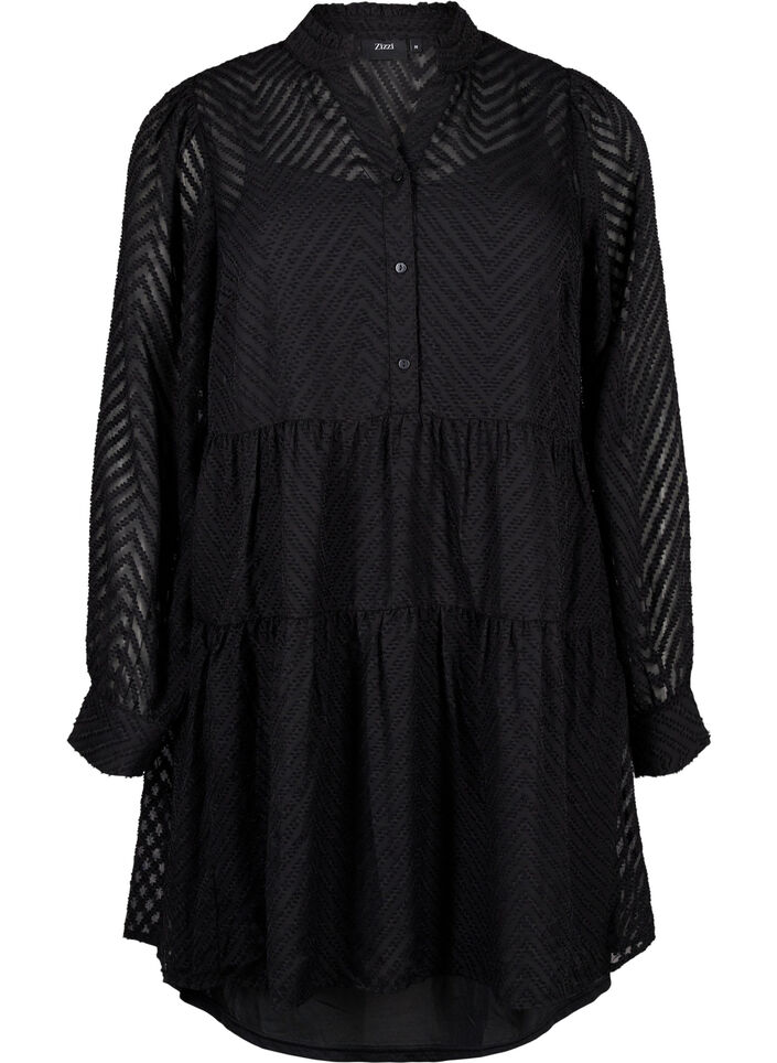 Textured short dress with a ruffle collar, Black, Packshot image number 0