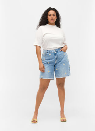 Denim shorts with floral embroidery, Light Blue w. Flower, Model image number 0