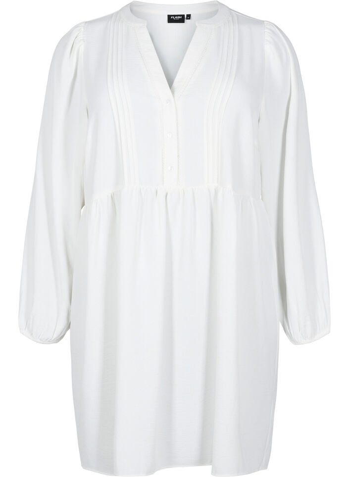 FLASH - Short dress with pleats and long sleeves, White, Packshot image number 0