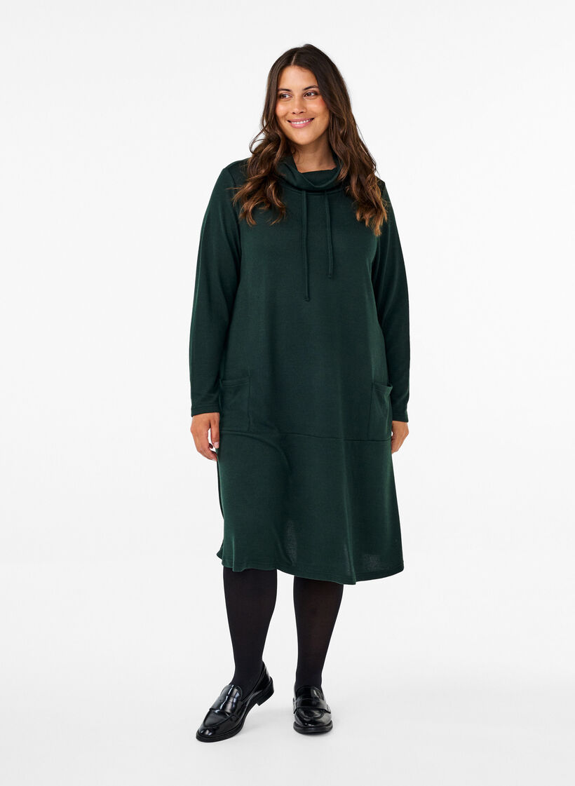 Jersey dress with high neck and pockets, Green, Model image number 1