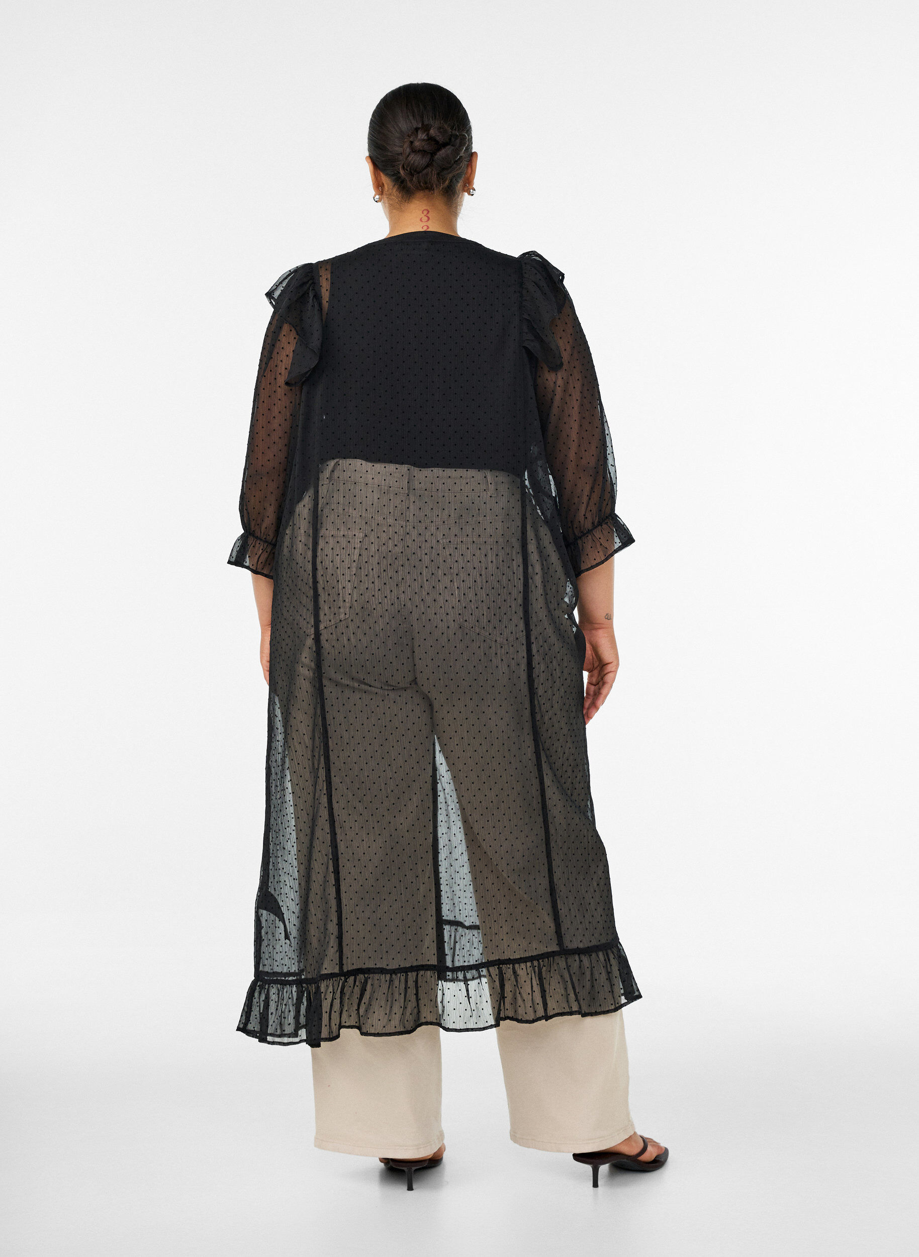Zizzifashion Midi dress in a lightweight, sheer fabric with dots and ruffles, Black, Model image number 1