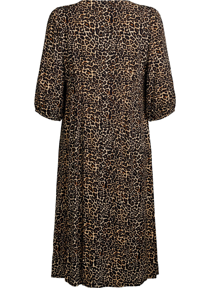 Midi dress with leopard print and 3/4 sleeves, Brown, Packshot image number 1