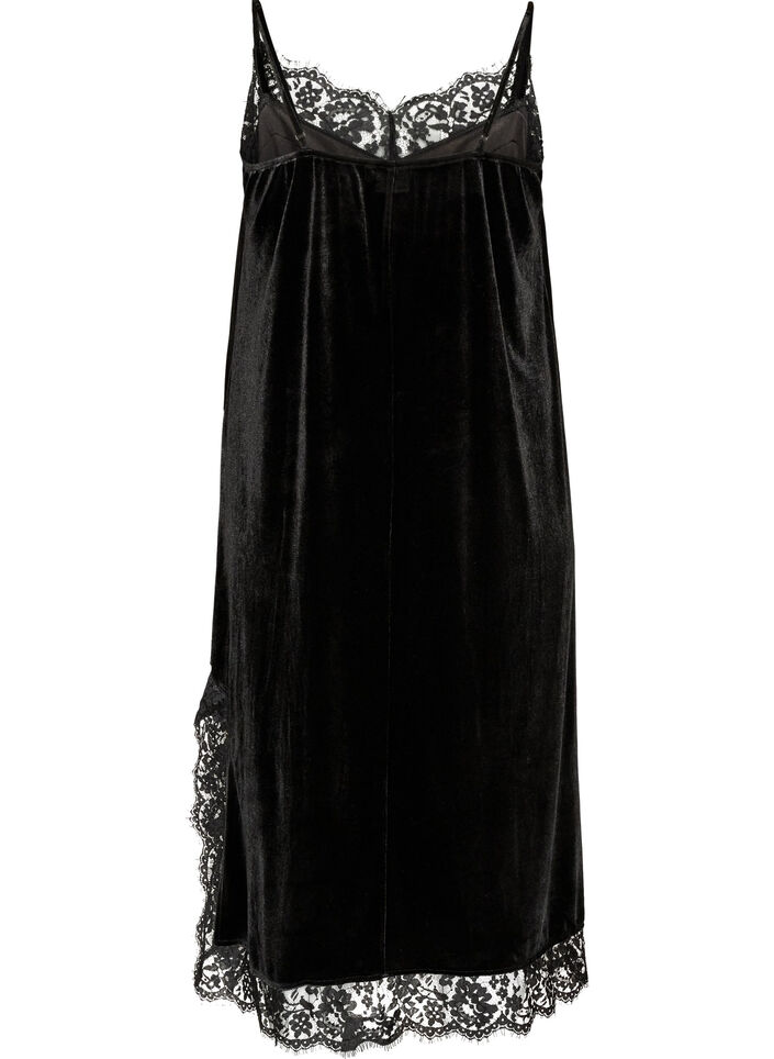 Velvet dress with lace and side slit, Black, Packshot image number 1