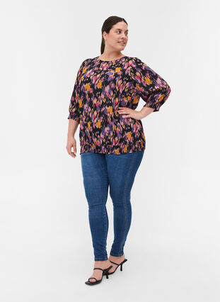 Printed viscose blouse with smock and 3/4 sleeved, Black AOP, Model image number 2