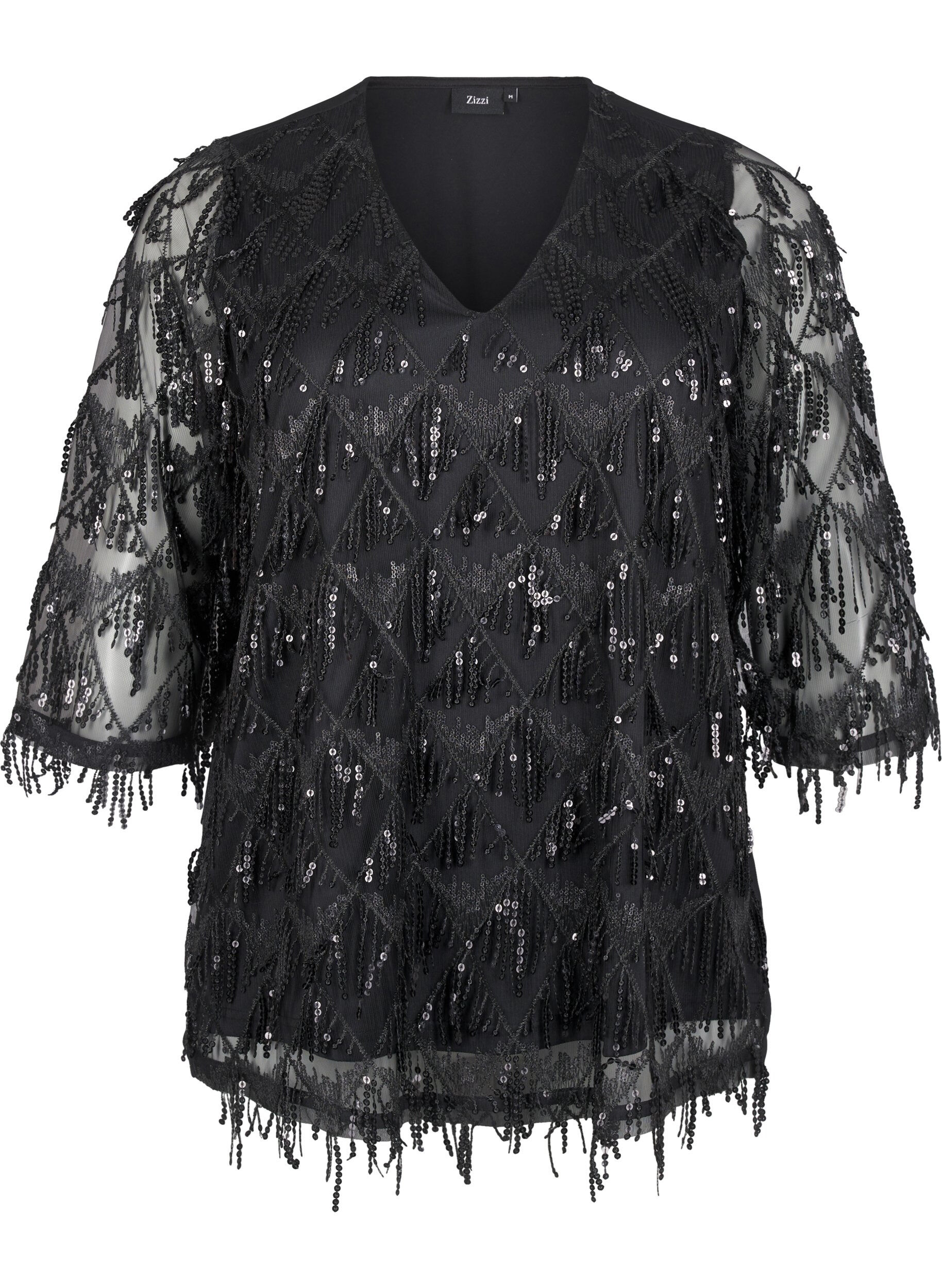 Zizzifashion Party blouse with sequin fringes and 3/4 sleeves, Black, Packshot image number 0