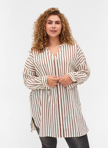 Long striped cotton shirt with V-neck, Stripe, Model image number 0