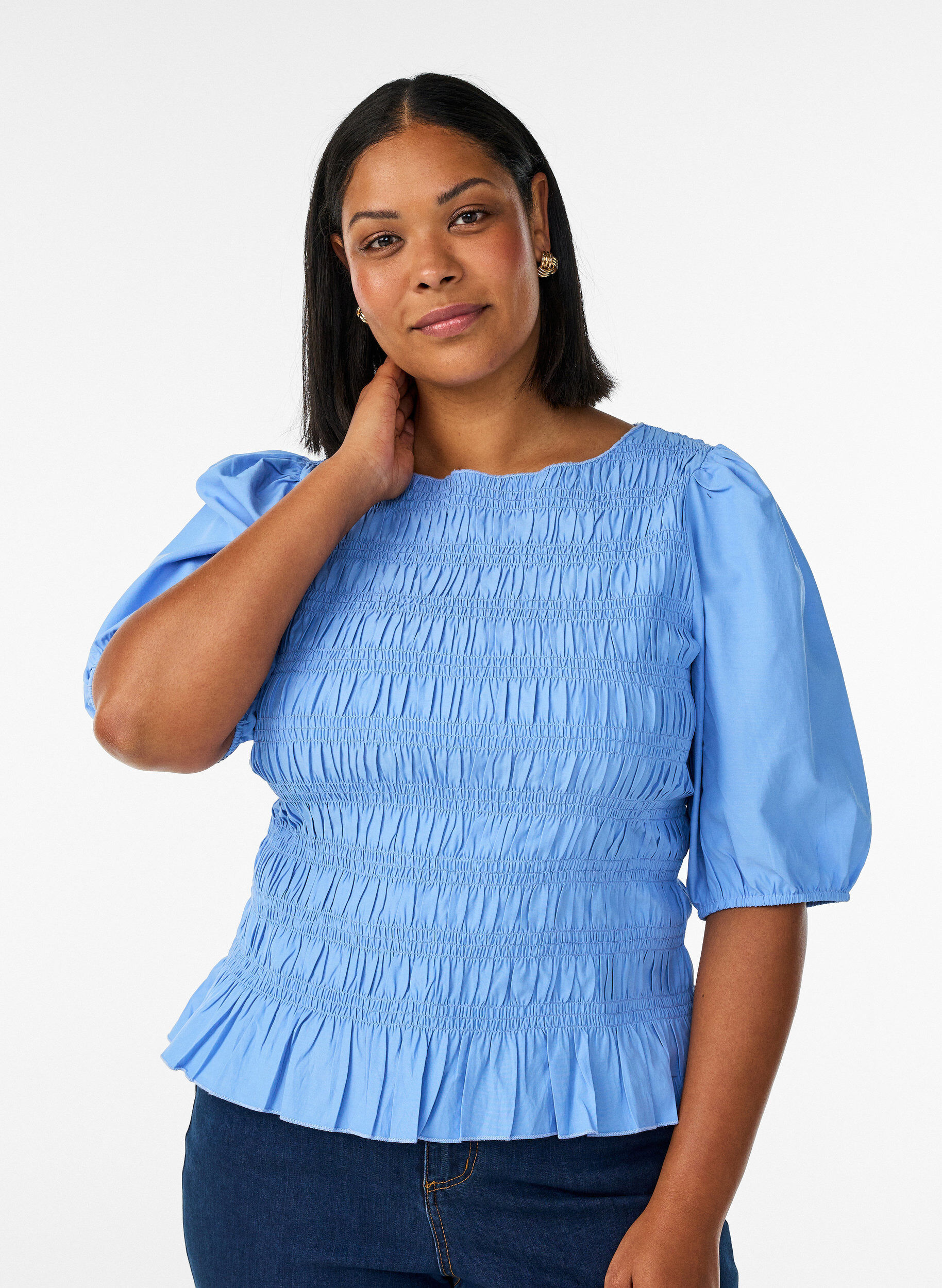 Zizzifashion Smock blouse with a ruffle hem and boat neck, Blue, Model image number 0