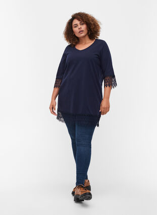 Cotton tunic with 3/4-length sleeves and lace details, Night Sky, Model image number 2
