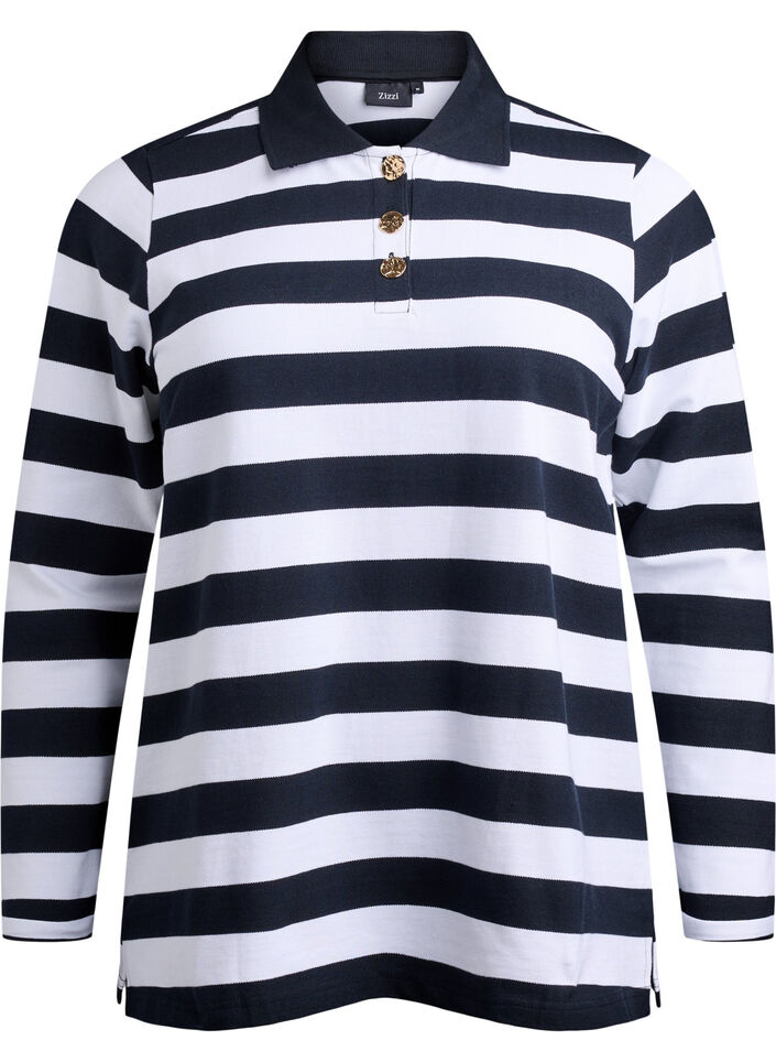 Striped polo shirt with long sleeves, Black, Packshot image number 0