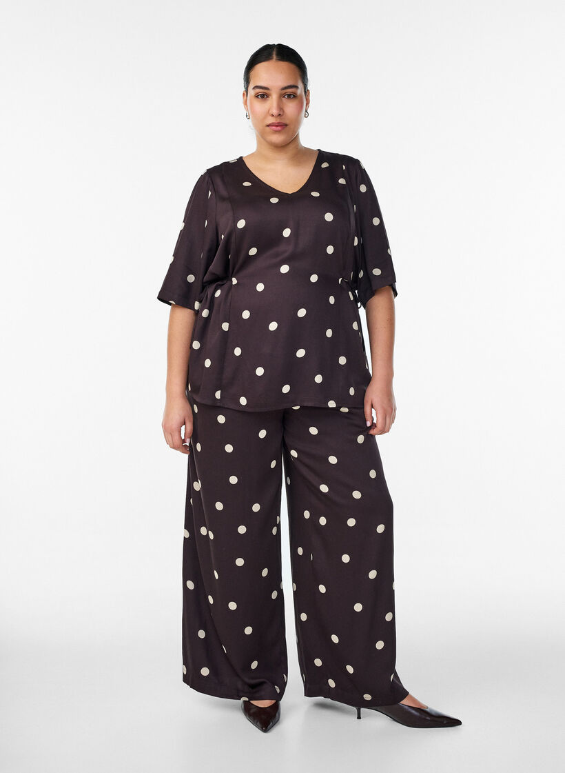 Viscose trousers with polka dots and wide legs, Brown, Model image number 0