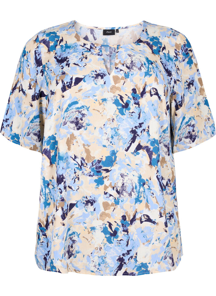 Short sleeve viscose Blouse with print, Blue, Packshot image number 0