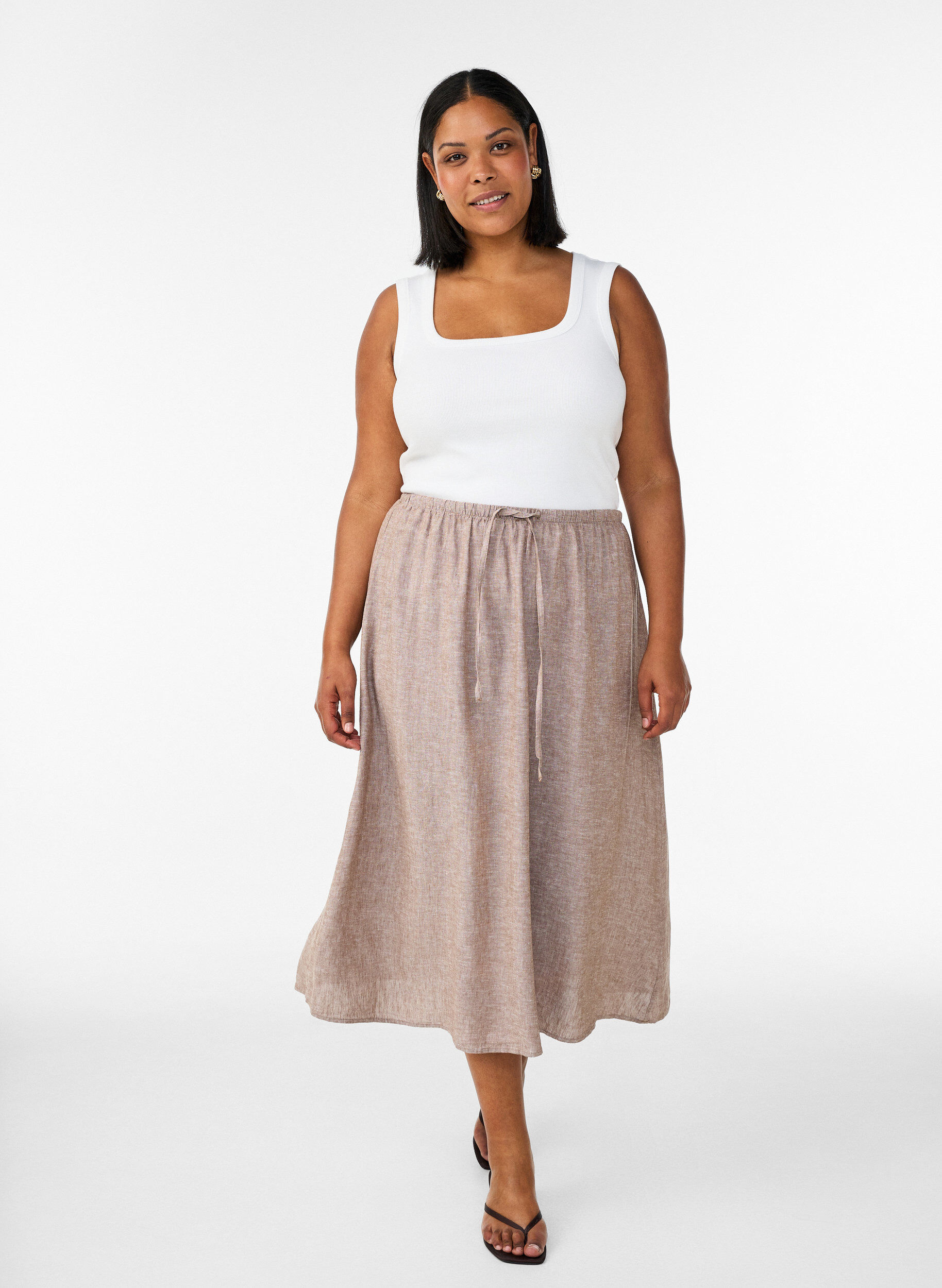 Zizzifashion A-line midi skirt in linen and viscose, Brown, Model image number 0