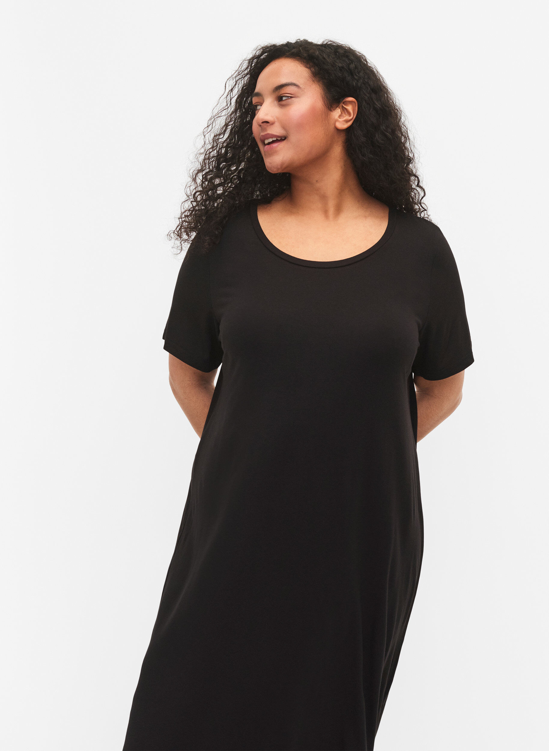 Zizzifashion Viscose midi dress with short sleeves, Black, Model image number 2