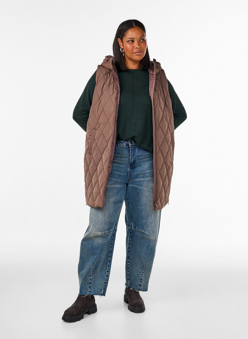 Mid-length quilted gilet with hood, Brown, Model image number 1