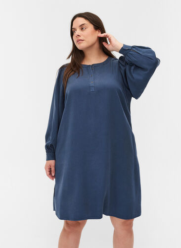 Dress with long puff sleeves, Dark blue denim, Model image number 0