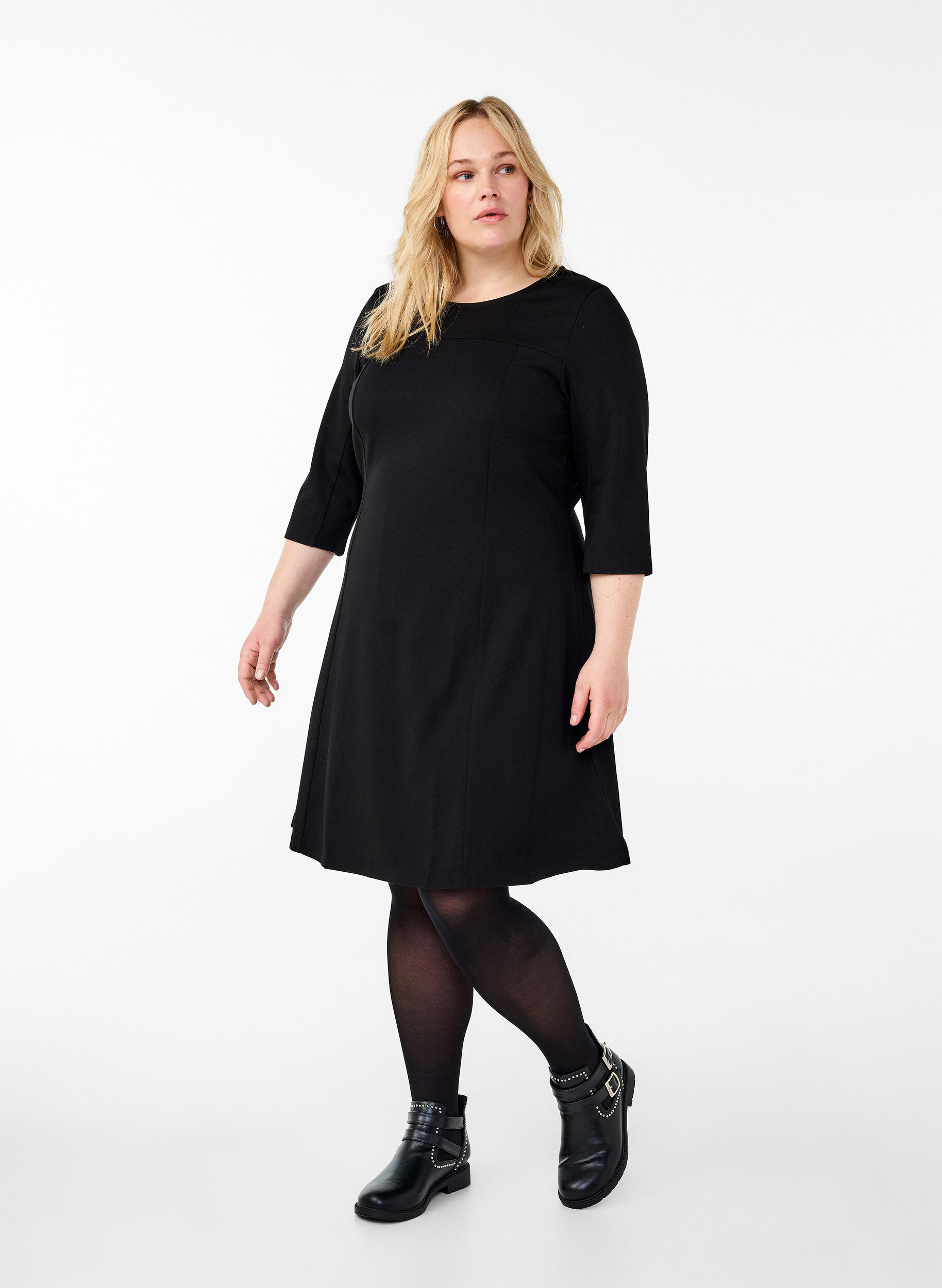 ZizzifashionA-shaped dress with 3/4 sleeves, Black, Model image number 1