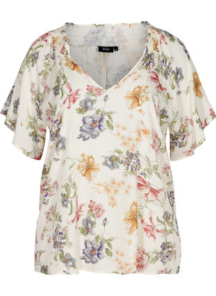 Short-sleeved viscose blouse with a floral print, Creme Vintage Flower, Packshot image number 0