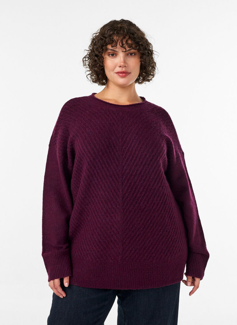 Knitted blouse with V-shaped rib pattern and slits, Red, Model image number 0