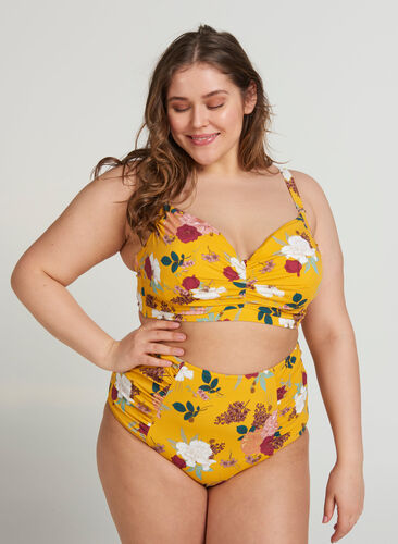 High-waisted bikini bottoms with floral print, Yellow Flower Print, Model image number 1