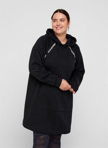 Sweat dress with hood and pocket, Black, Model image number 0