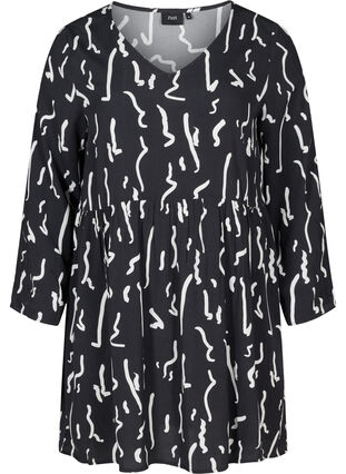 Printed viscose tunic with 1/2 sleeves, Black Paint Strokes, Packshot image number 0