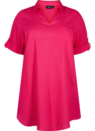 Short-sleeved cotton blend tunic with linen, Bright Rose, Packshot image number 0