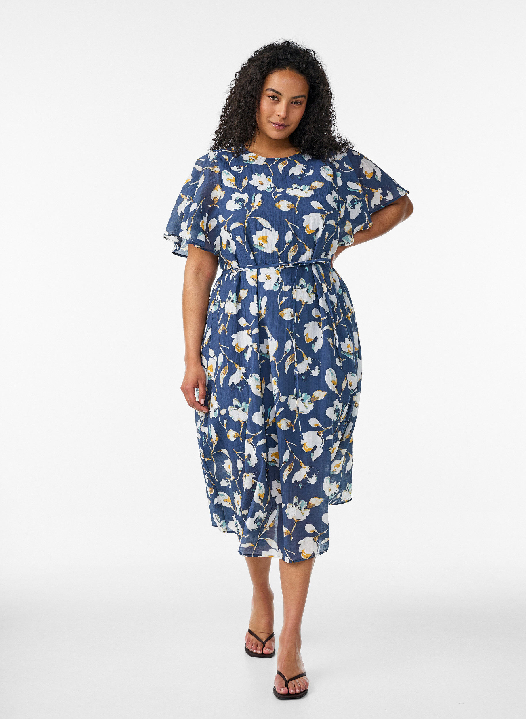 Ankle-length dress with flutter sleeves and tie-waist, Blue, Model