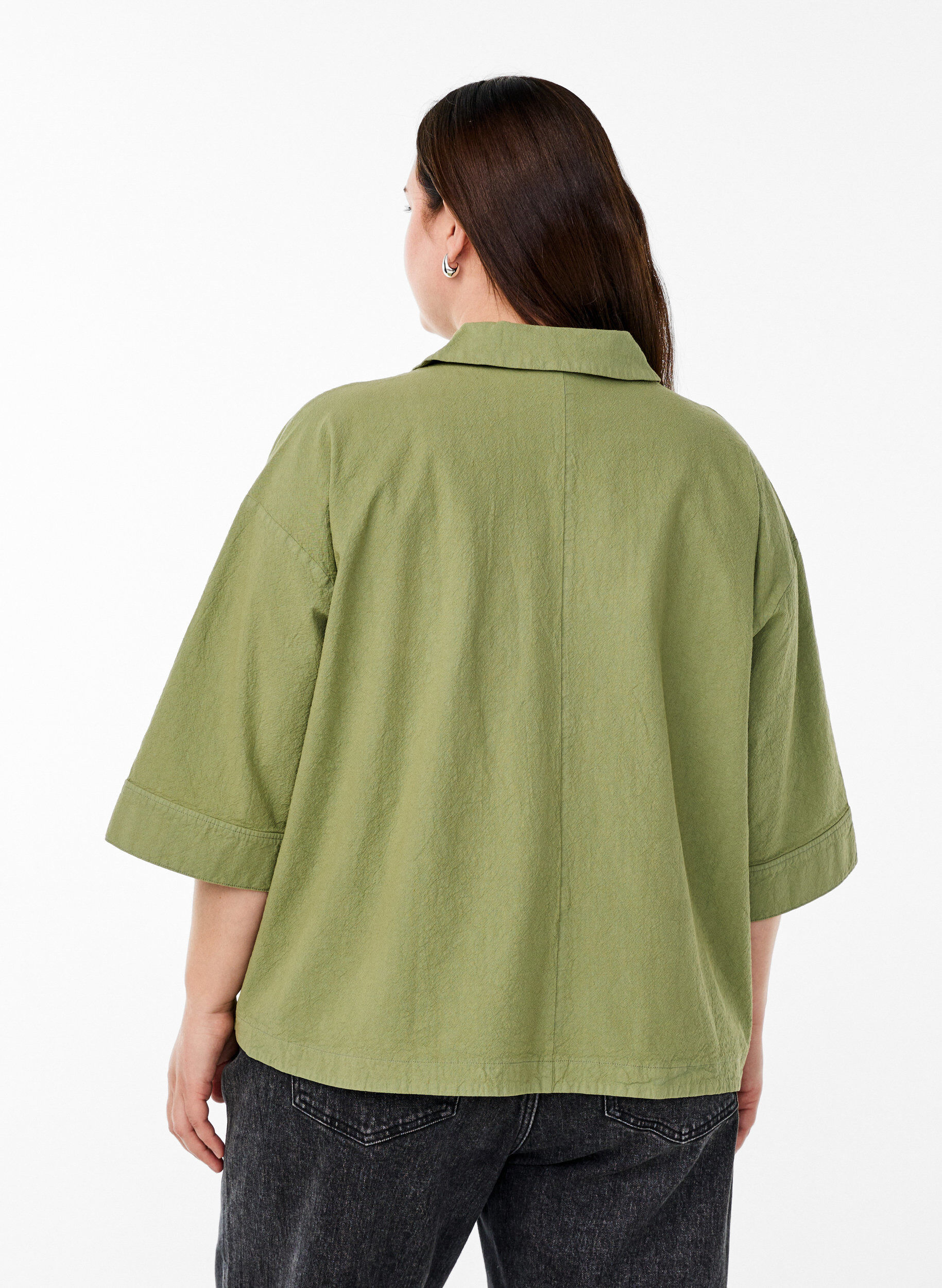 Zizzifashion Loose blouse with collar and 1/2 sleeves, Green, Model image number 2
