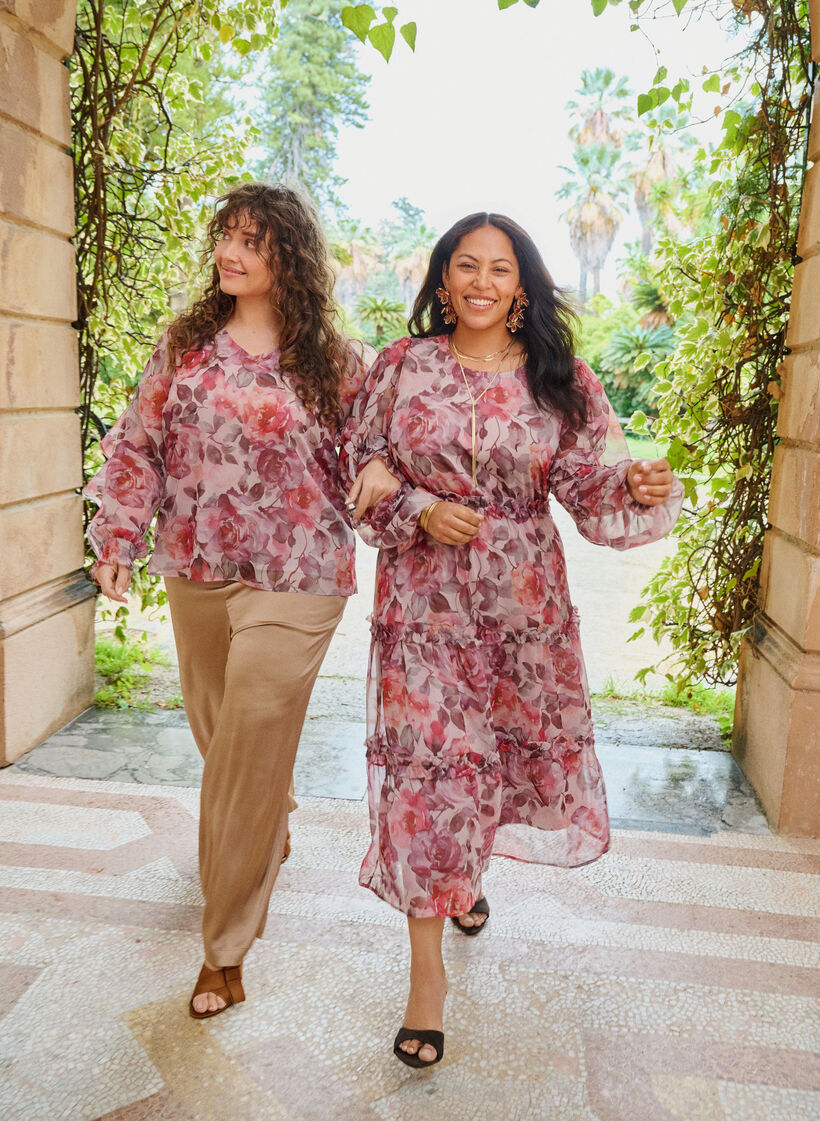 Floral midi dress with ruffle details and sheer sleeves, Rose, Image image number 0