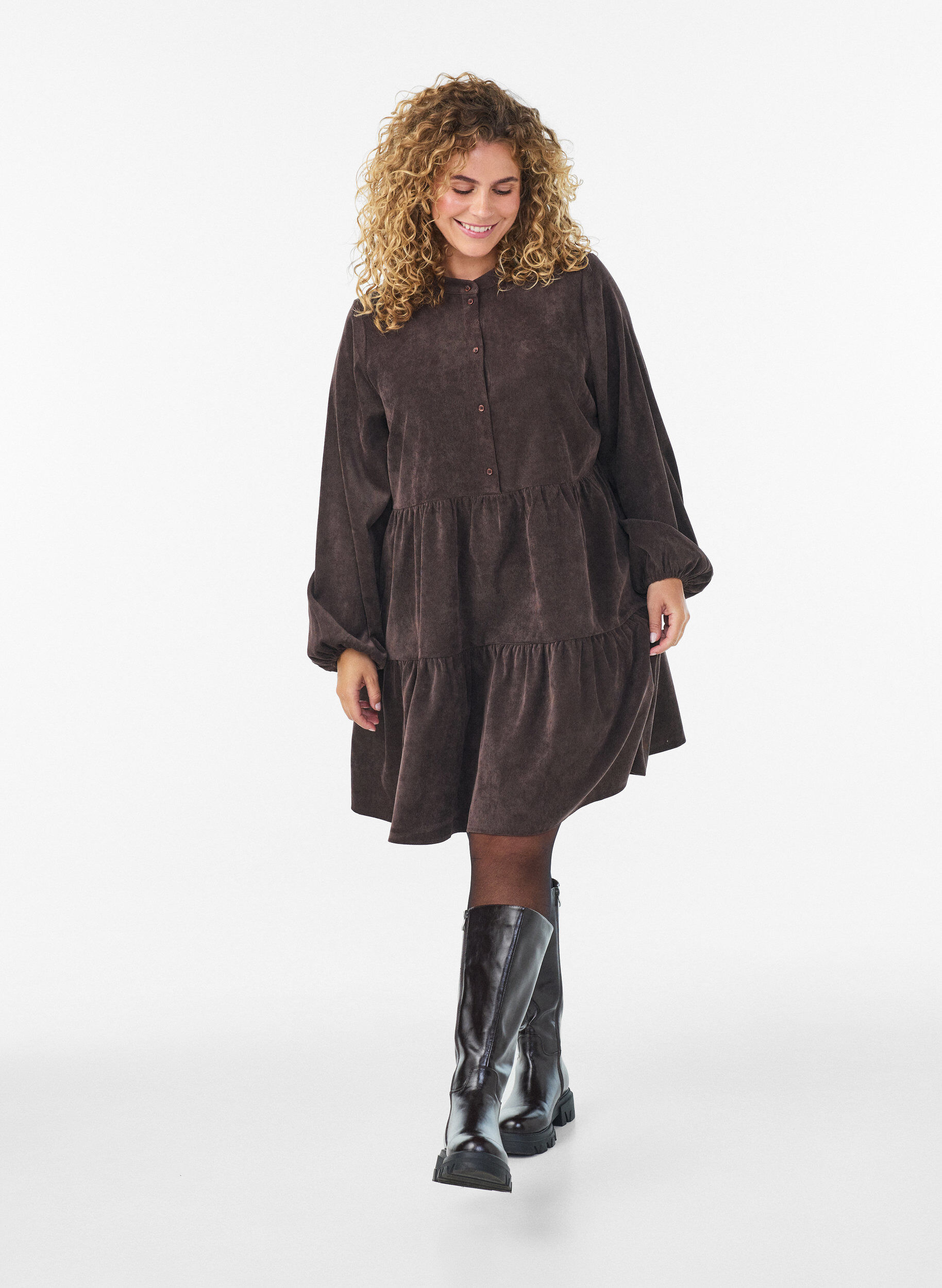 ZizzifashionCorduroy dress with A-line shape and stand collar, Brown, Model image number 1