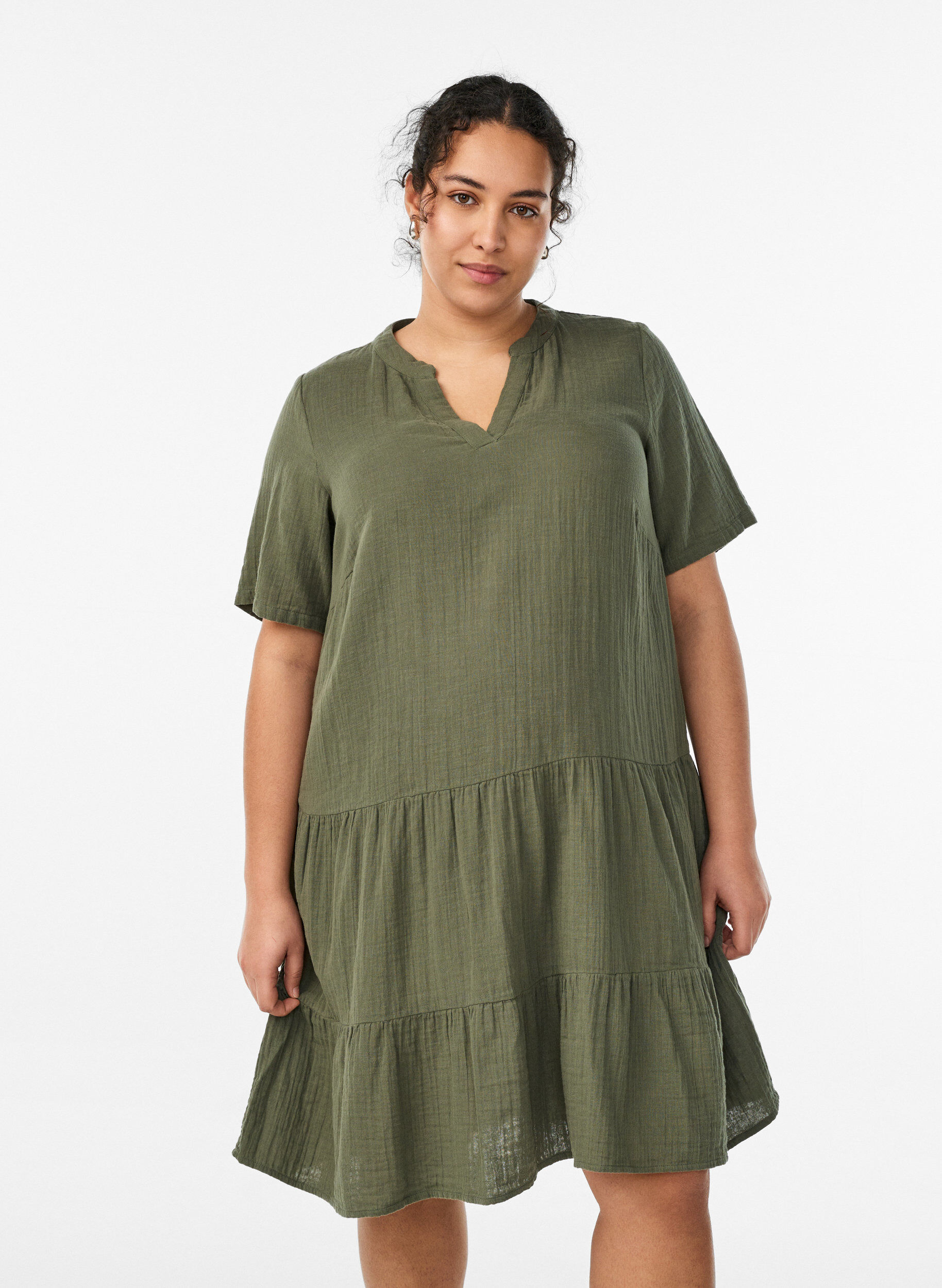Zizzifashion Short A-line dress in cotton muslin, Green, Model image number 0