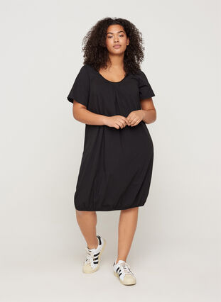 Short-sleeved dress in cotton, Black, Model image number 2