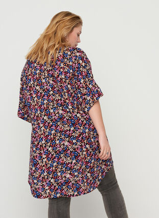 Short-sleeved viscose tunic with print,  Purple Multi Flower, Model image number 1