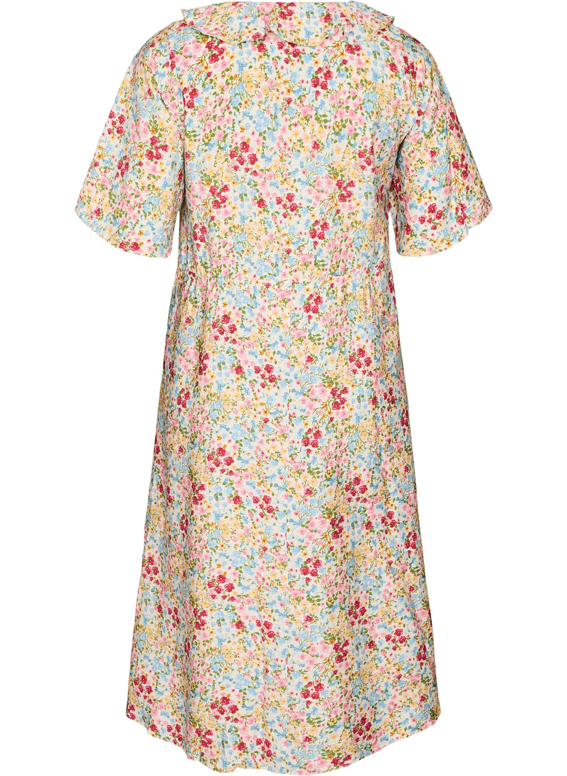 Zizzifashion Viscose midi dress with a floral print and ruffle collar, Rose, Packshot image number 1