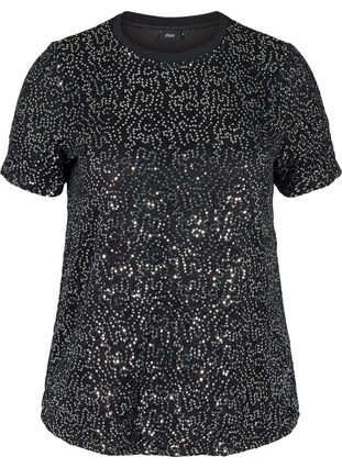 Short-sleeved sequin blouse, Black, Packshot image number 0