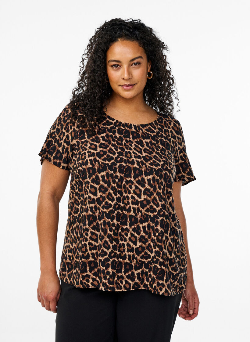 FLASH - Short sleeve viscose blouse with print, Brown, Model image number 0