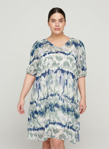 Printed dress with puff sleeves and v-neck, Chinois Green AOP, Model image number 0