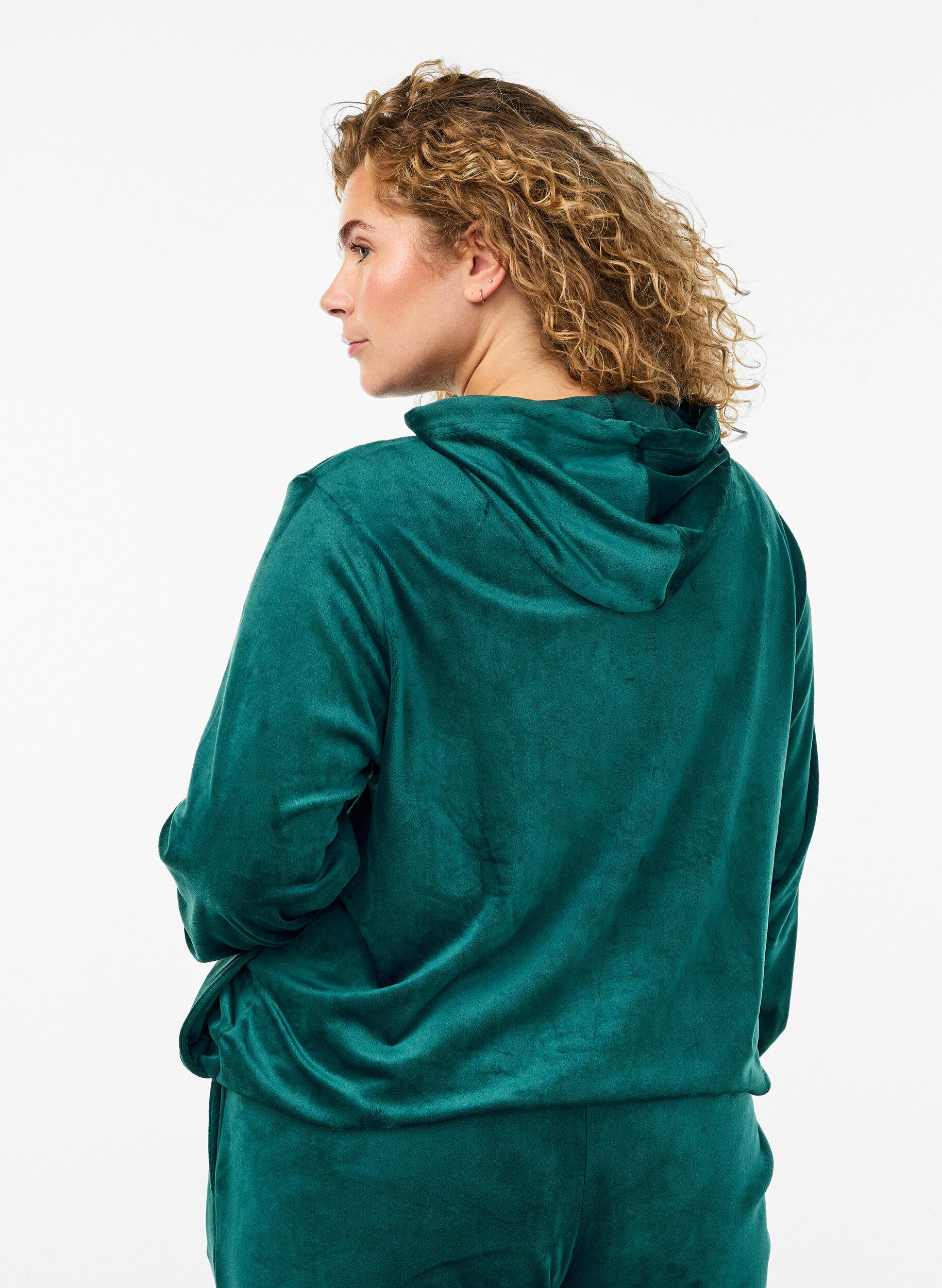 Zizzifashion Velour cardigan with zip and hood, Green, Model image number 2