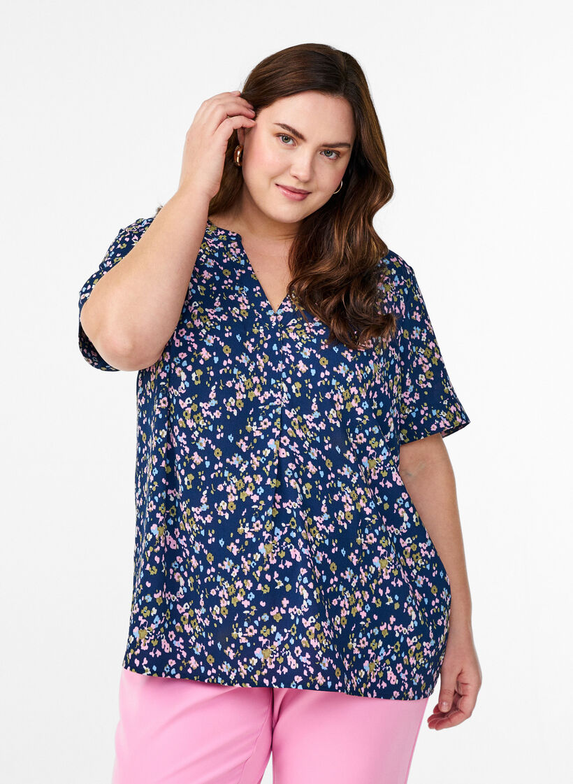 Short-sleeved blouse with v-neckline, Pink, Model image number 0