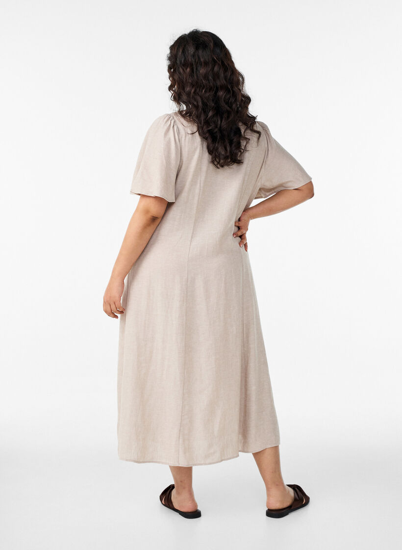Midi dress in linen and viscose with ruffle sleeves, Beige, Model image number 1