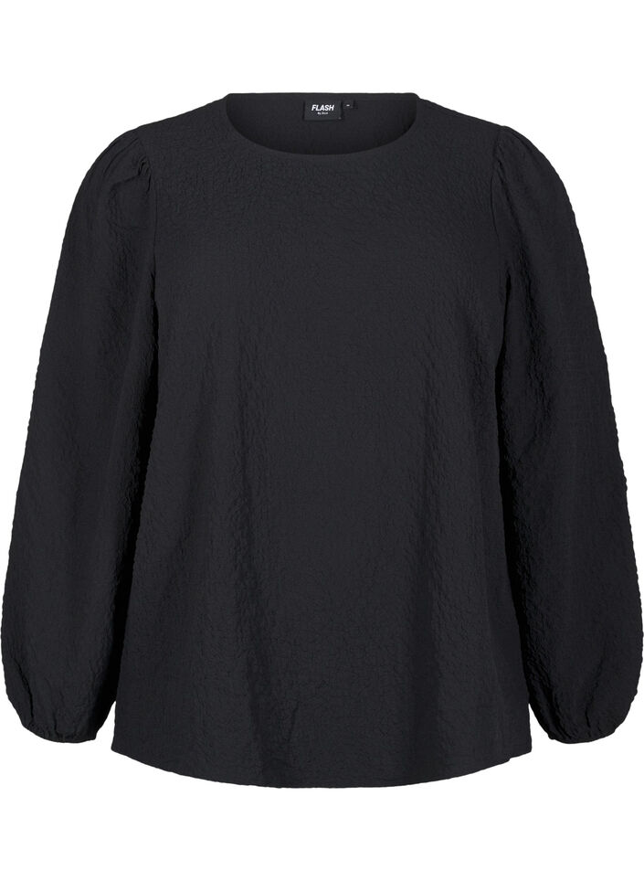 FLASH - Long-sleeved blouse with round neck, Black, Packshot image number 0