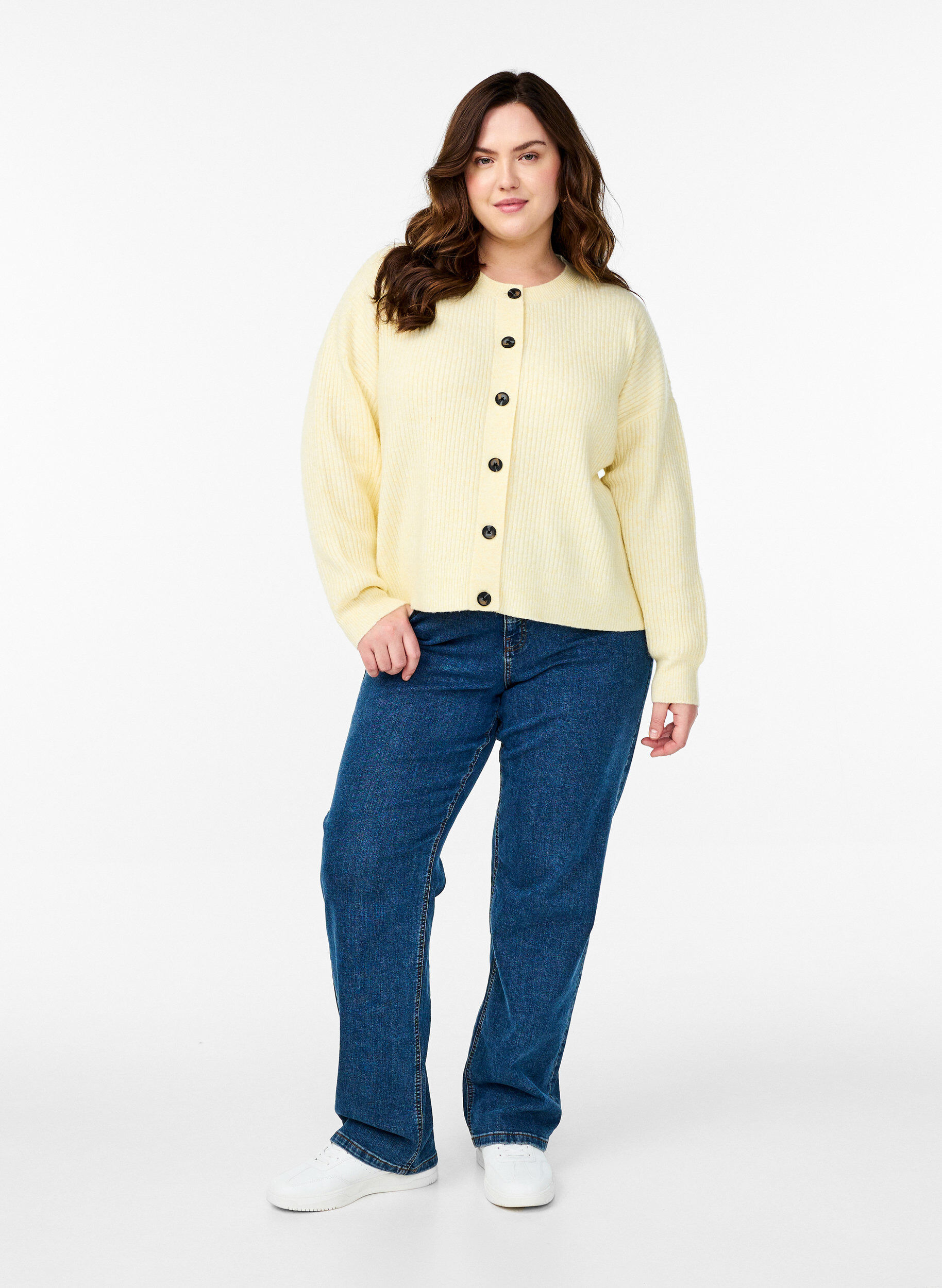 Zizzifashion Rib knit cardigan with buttons, Yellow, Model image number 1