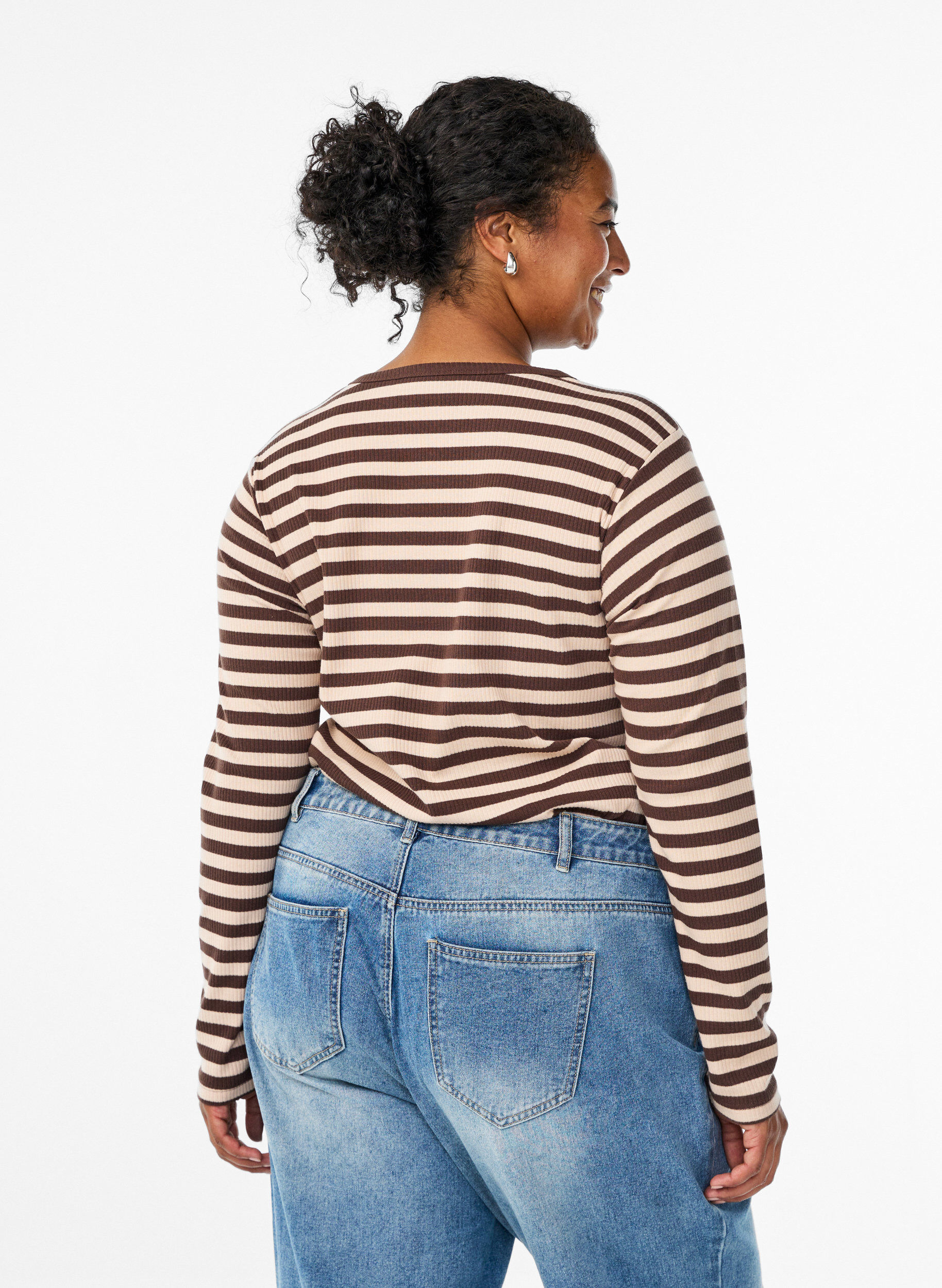 ZizzifashionStriped blouse with long sleeves, Brown, Model image number 2